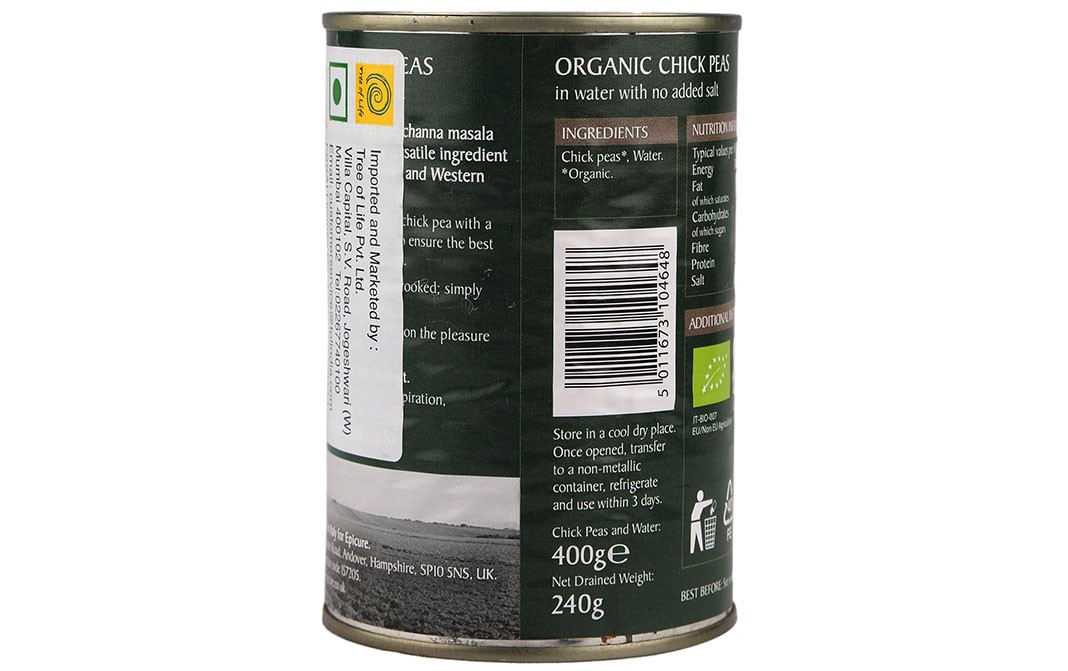 Epicure Organic Chick Peas, In water with no added salt   Tin  400 grams